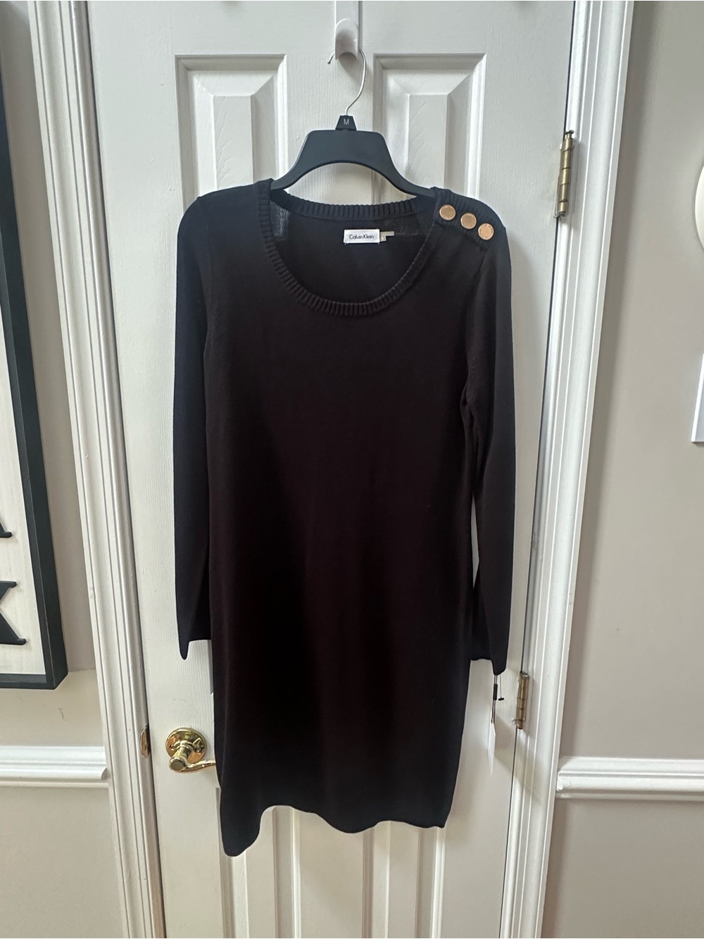 Calvin Klein Black Long-Sleeve Knit Dress with Gold Shoulder Buttons